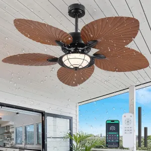 PHORUS 52" Waterproof Outdoor Palm Leaf Ceiling Fans with Lights and Remote,Wet Rated Tropical Ceiling Fans for Patios Porch Gazebo Pergola App-controlled remote fan for convenience