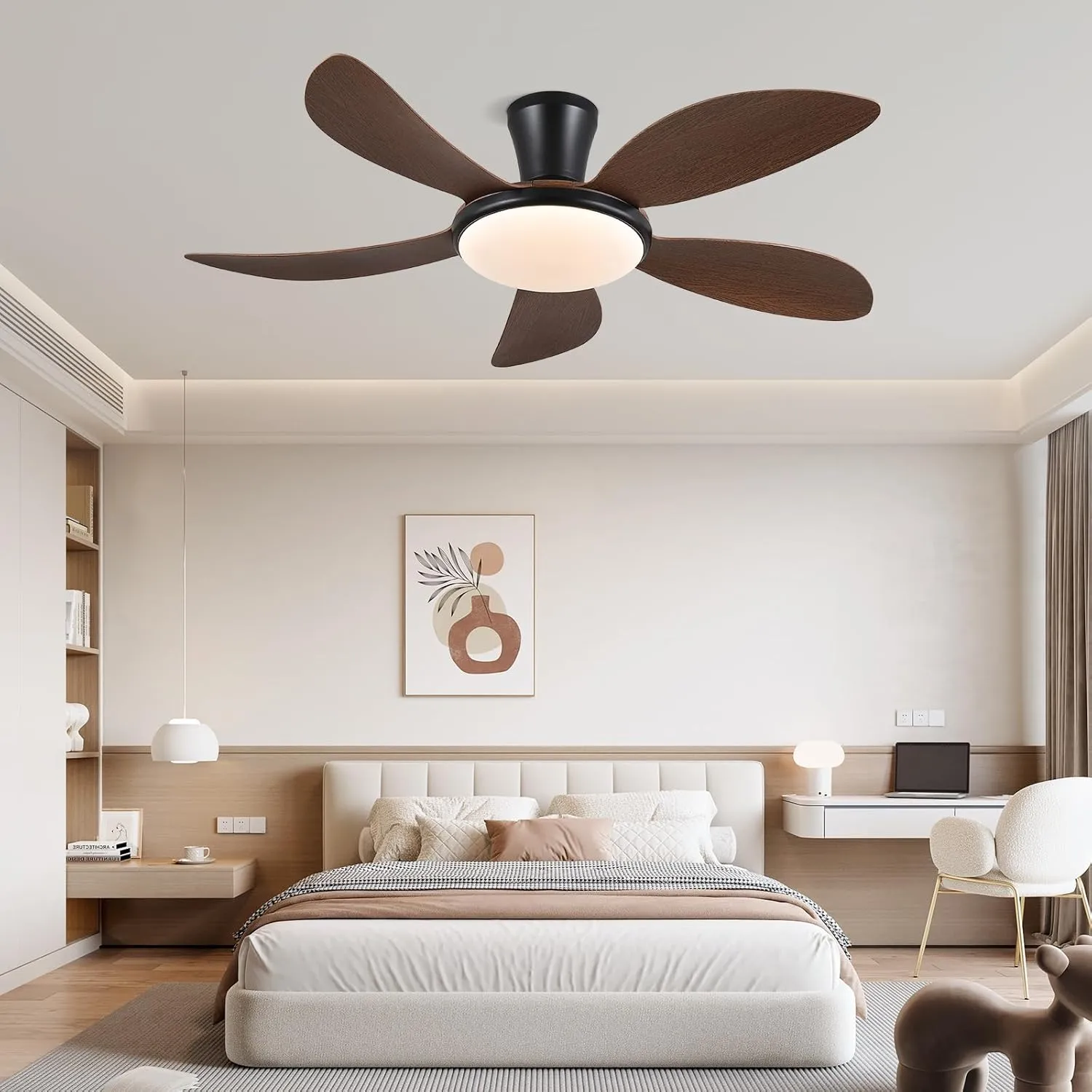 PHORUS Low Profile Ceiling Fans with Lights and Remote/APP,48 Inch Modern LED Ceiling Fans with Quiet Reversible DC Motor, Dimmable 3 Colors 6 Speeds