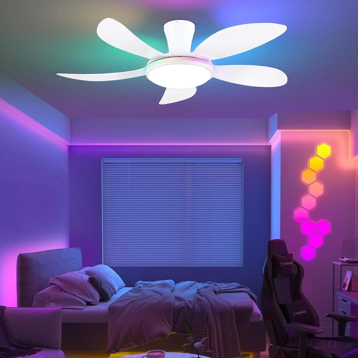 PHORUS RGB Ceiling Fans with Lights and Remote/APP,48" White Low Profile Ceiling Fans with Quiet Reversible DC Motor, Modern Flush Mount Fans Light with 3 Colors 6 Speeds