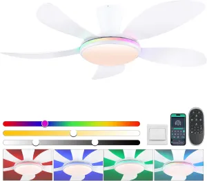 PHORUS RGB Ceiling Fans with Lights and Remote/APP,48" White Low Profile Ceiling Fans with Quiet Reversible DC Motor, Modern Flush Mount Fans Light with 3 Colors 6 Speeds Fan with safety blade design