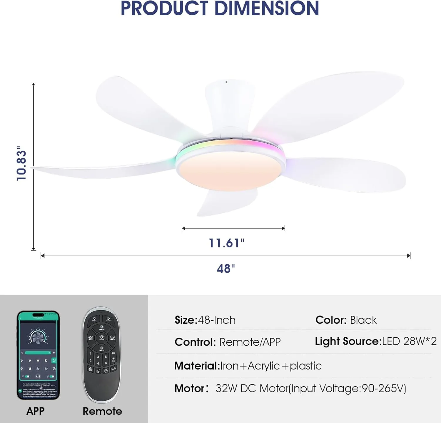 PHORUS RGB Ceiling Fans with Lights and Remote/APP,48" White Low Profile Ceiling Fans with Quiet Reversible DC Motor, Modern Flush Mount Fans Light with 3 Colors 6 Speeds