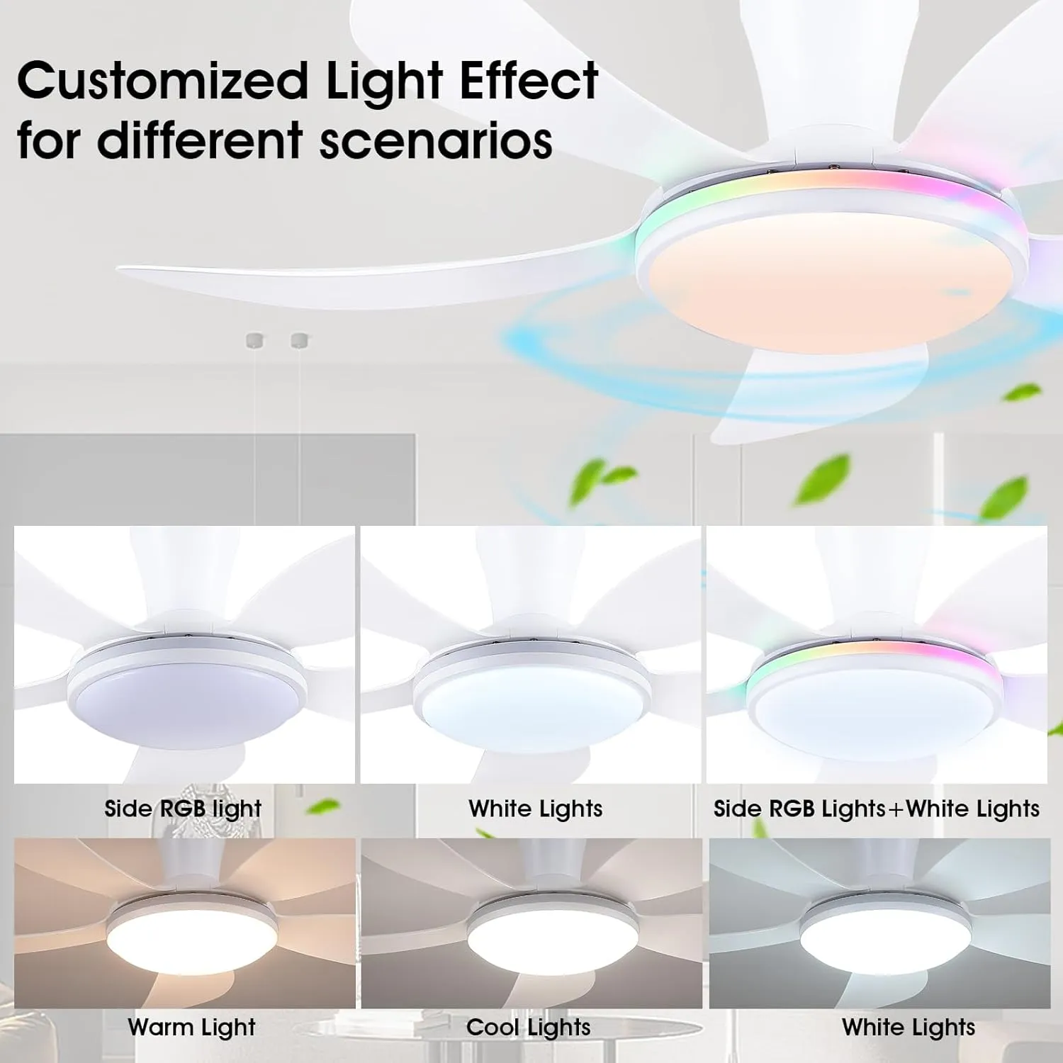 PHORUS RGB Ceiling Fans with Lights and Remote/APP,48" White Low Profile Ceiling Fans with Quiet Reversible DC Motor, Modern Flush Mount Fans Light with 3 Colors 6 Speeds