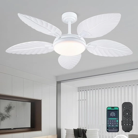 PHORUS 52" Palm Leaf Ceiling Fan with Lights, White Tropical Outdoor Ceiling Fan with Remote/APP for Bedroom Patio,Dimmable 3 Colors 6 Speeds App-controlled remote fan for convenience