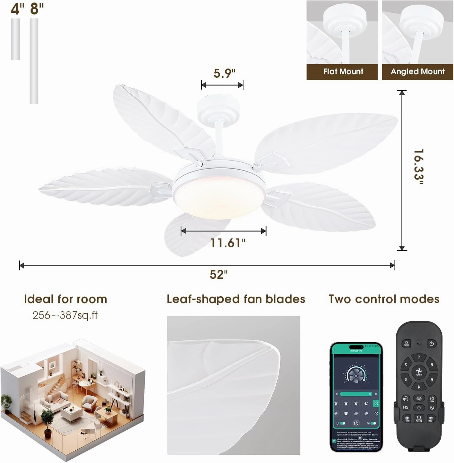 PHORUS 52" Palm Leaf Ceiling Fan with Lights, White Tropical Outdoor Ceiling Fan with Remote/APP for Bedroom Patio,Dimmable 3 Colors 6 Speeds