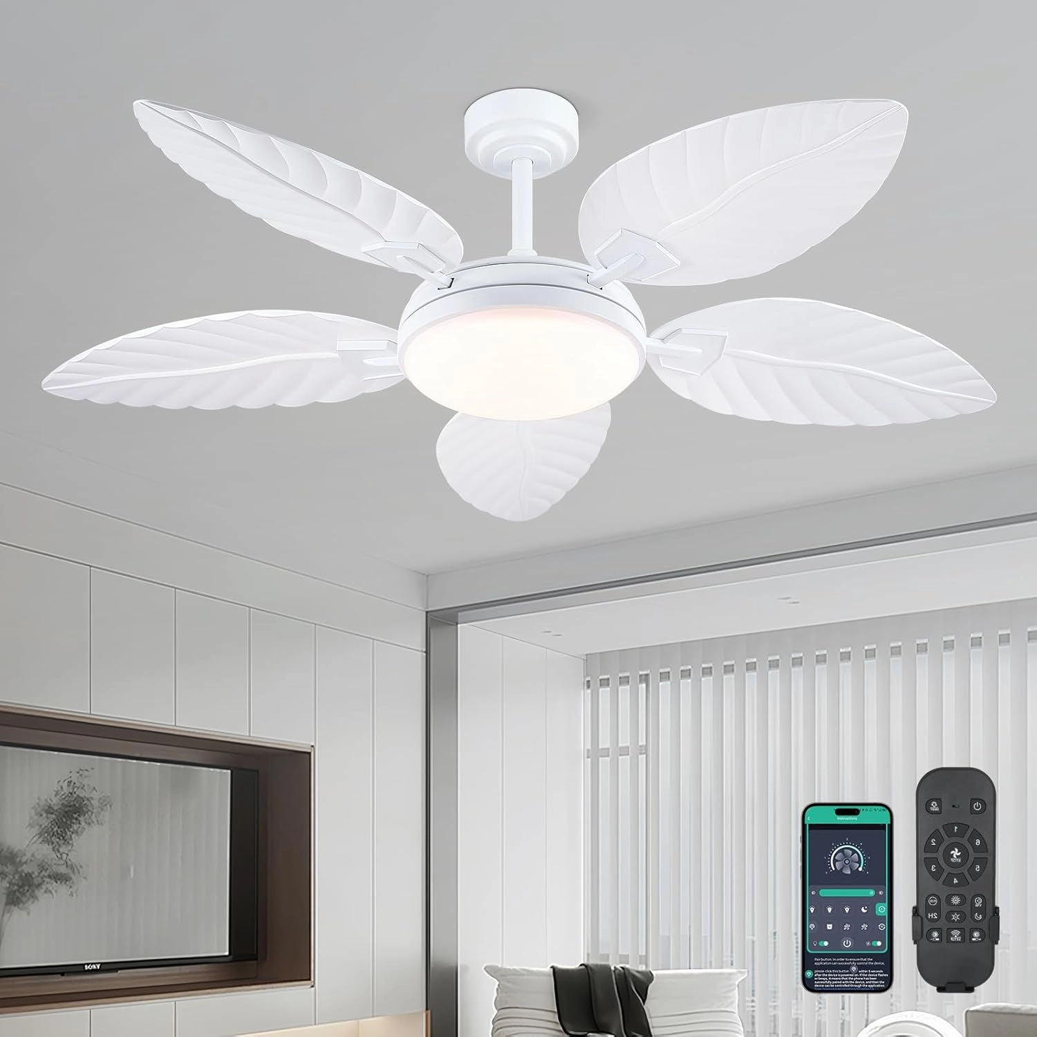 PHORUS 52" Palm Leaf Ceiling Fan with Lights, White Tropical Outdoor Ceiling Fan with Remote/APP for Bedroom Patio,Dimmable 3 Colors 6 Speeds App-controlled remote fan for convenience