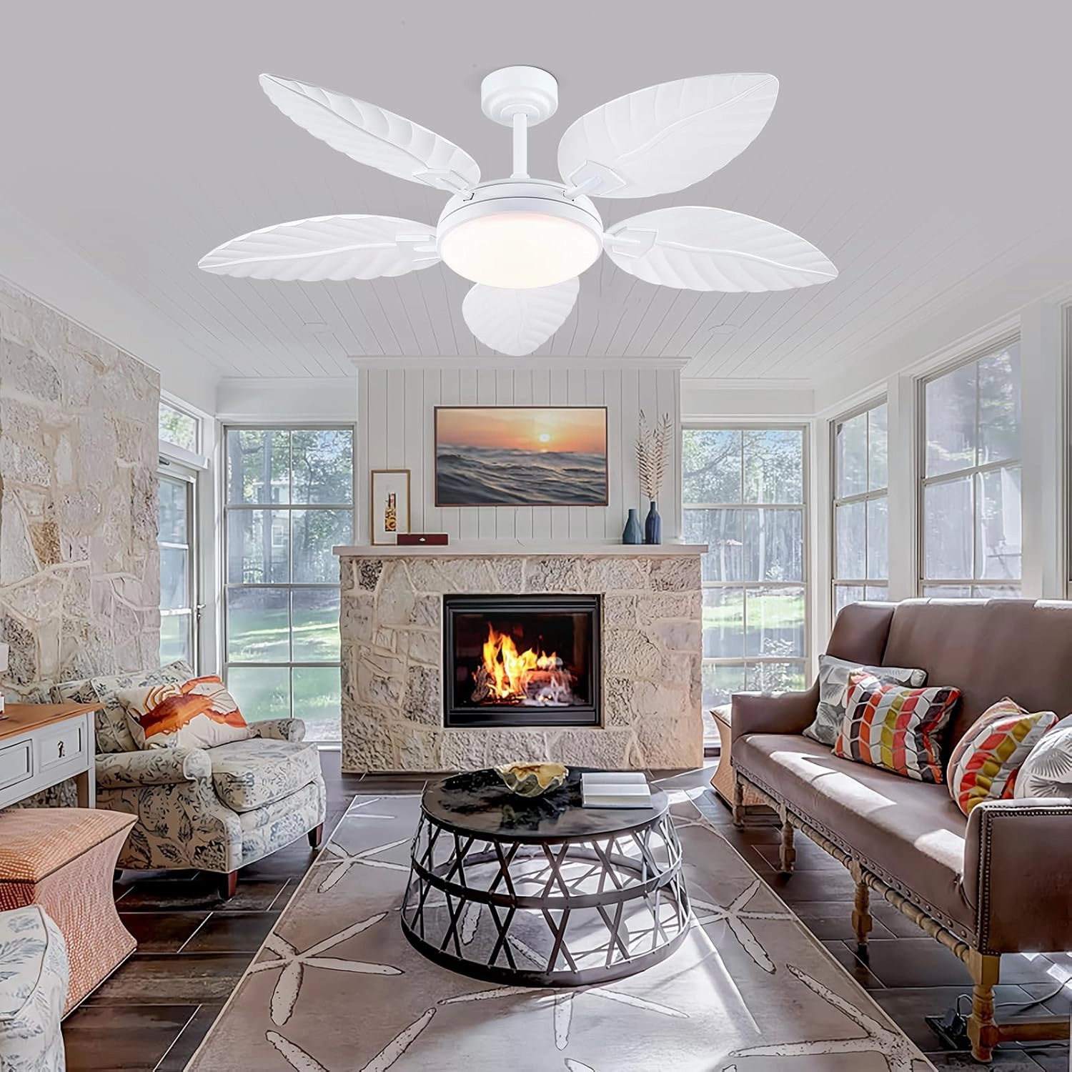 PHORUS 52" Palm Leaf Ceiling Fan with Lights, White Tropical Outdoor Ceiling Fan with Remote/APP for Bedroom Patio,Dimmable 3 Colors 6 Speeds