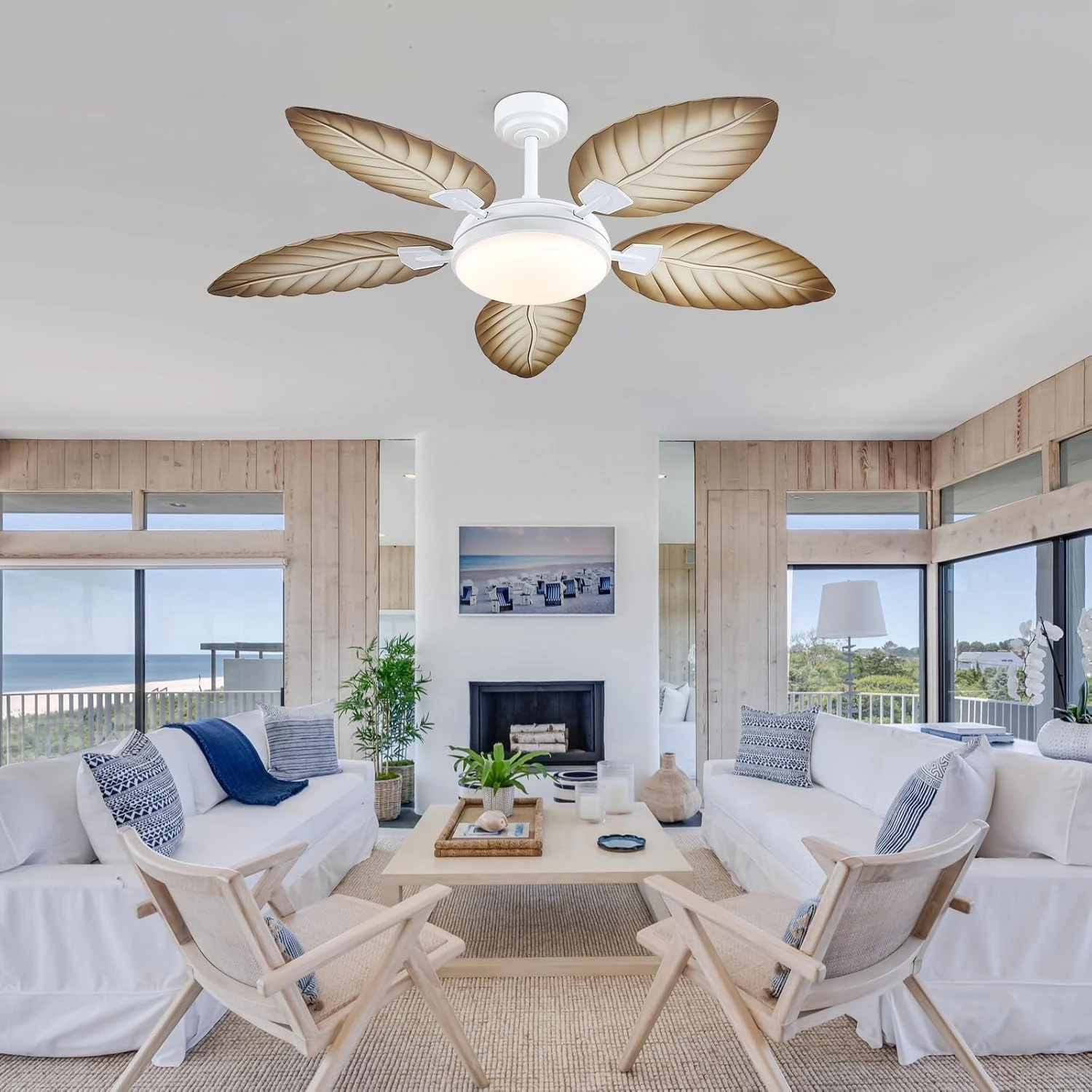 PHORUS 52" Palm Leaf Ceiling Fans with Lights, Outdoor Tropical Ceiling Fans with Remote for Patios Living Room, Dimmable, 6 Speeds, Reversible, Wood Grain