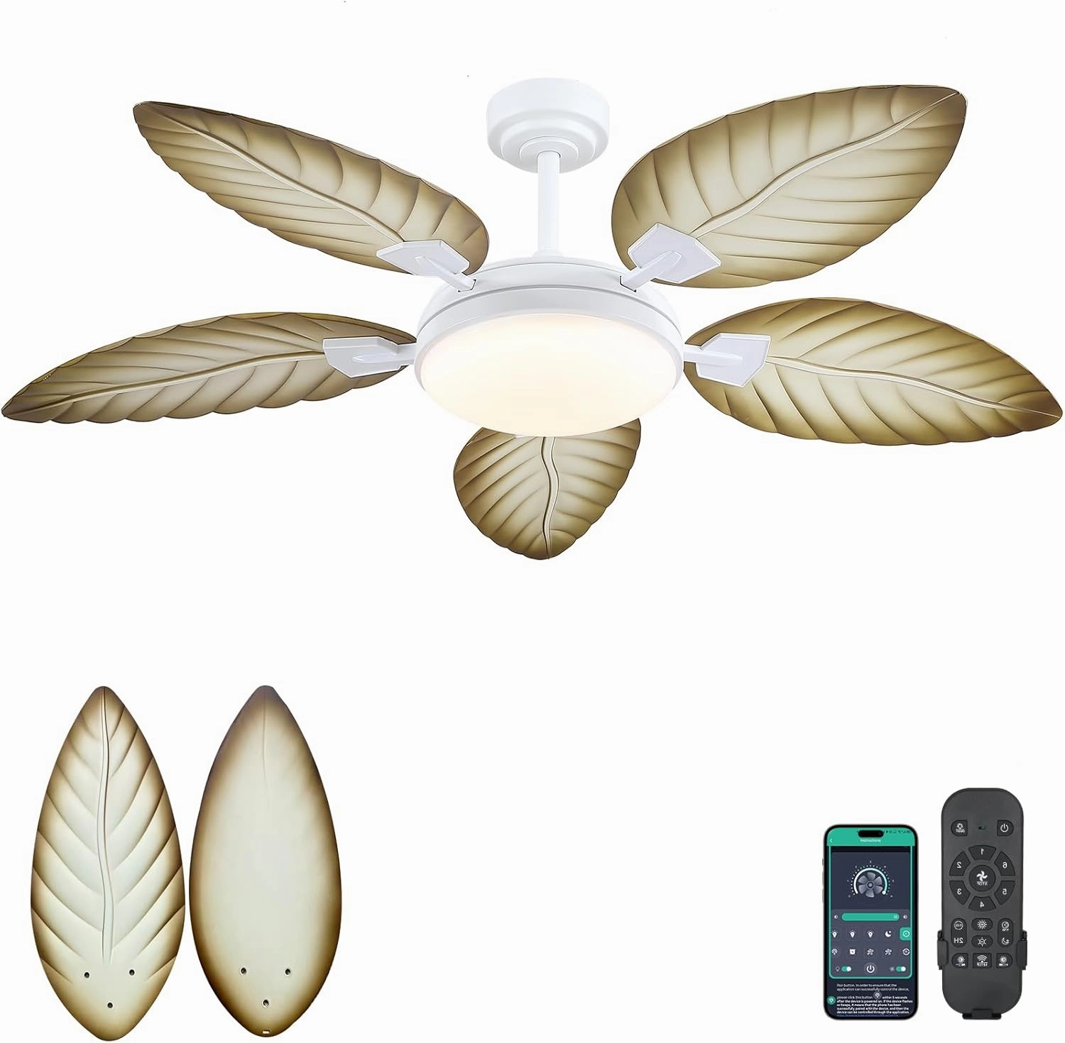 PHORUS 52" Palm Leaf Ceiling Fans with Lights, Outdoor Tropical Ceiling Fans with Remote for Patios Living Room, Dimmable, 6 Speeds, Reversible, Wood Grain App-controlled remote fan for convenience