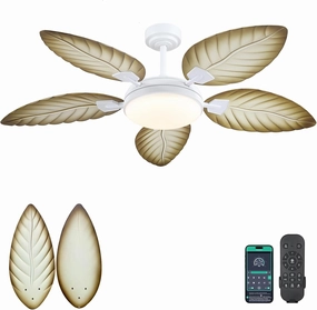 PHORUS 52" Palm Leaf Ceiling Fans with Lights, Outdoor Tropical Ceiling Fans with Remote for Patios Living Room, Dimmable, 6 Speeds, Reversible, Wood Grain App-controlled remote fan for convenience