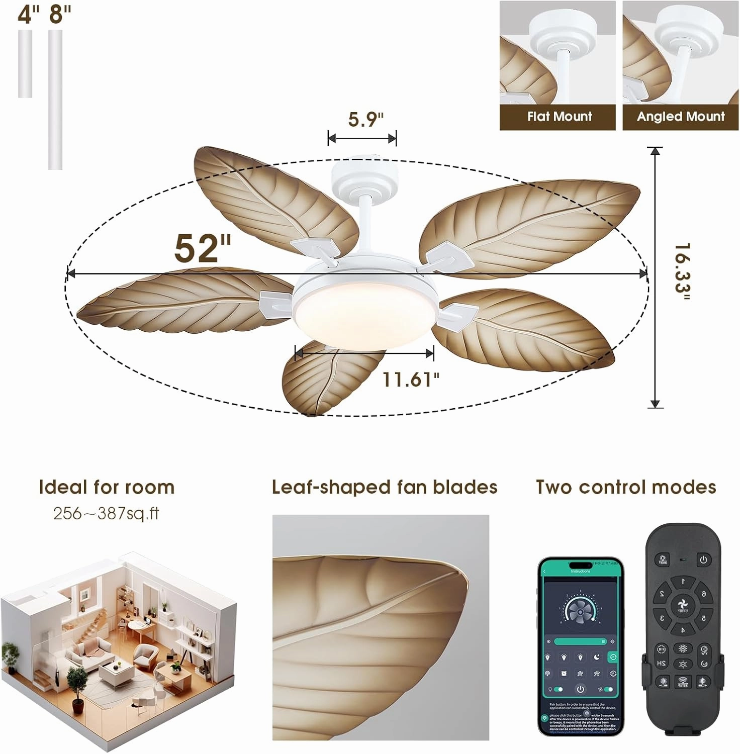 PHORUS 52" Palm Leaf Ceiling Fans with Lights, Outdoor Tropical Ceiling Fans with Remote for Patios Living Room, Dimmable, 6 Speeds, Reversible, Wood Grain