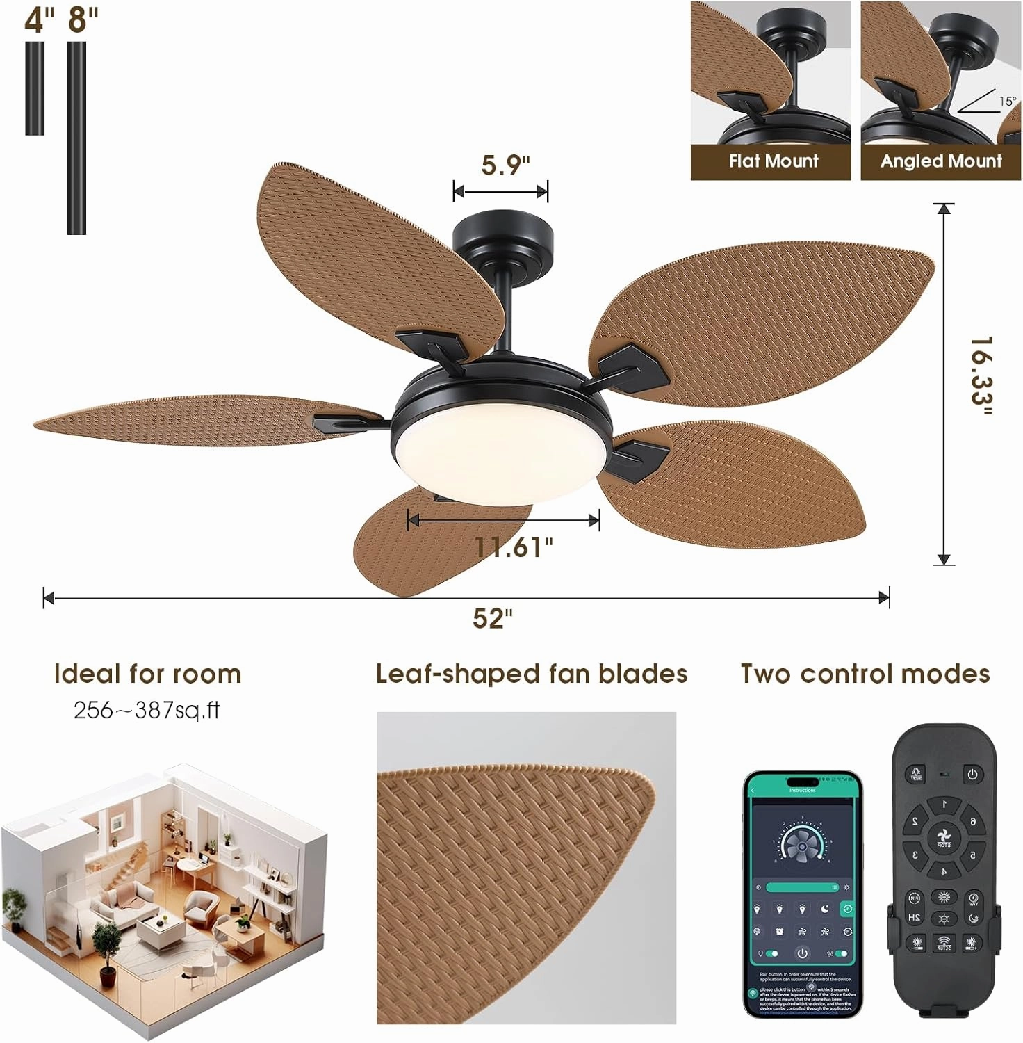 PHORUS 52" Palm Leaf Ceiling Fans with lights, Outdoor Tropical Island Ceiling Fans with Remote for Patios Living Room, Dimmable, 6 Speeds, Reversible, Light Brown