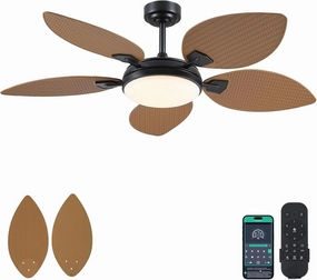 PHORUS 52" Palm Leaf Ceiling Fans with lights, Outdoor Tropical Island Ceiling Fans with Remote for Patios Living Room, Dimmable, 6 Speeds, Reversible, Light Brown App-controlled remote fan for convenience