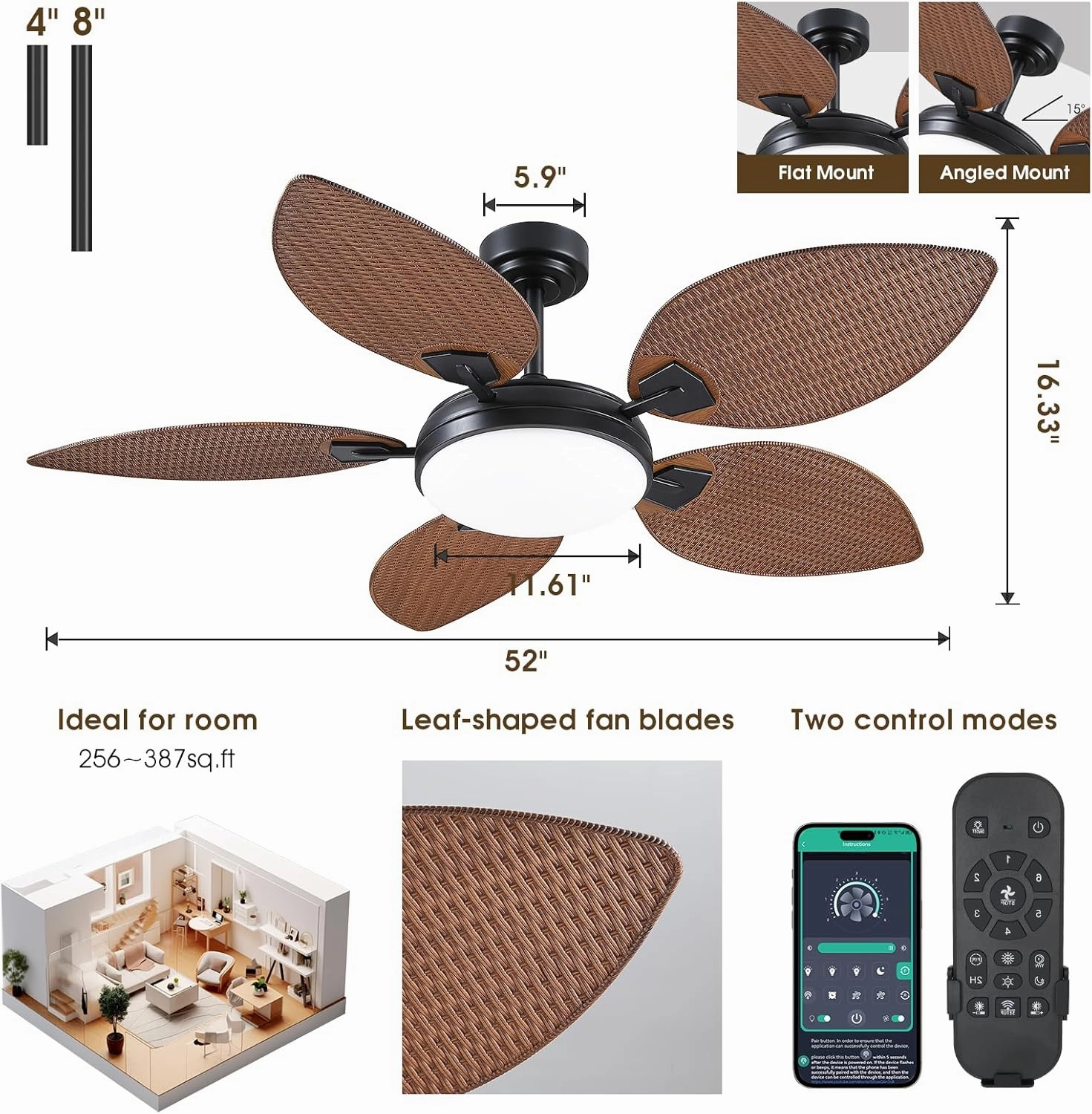 PHORUS 52" Tropical Outdoor Ceiling Fans with Lights and Remote,Palm Leaf Ceiling Fan for Patios Porch Patio, Dimmable, 6 Speeds, Reversible, Dark Brown