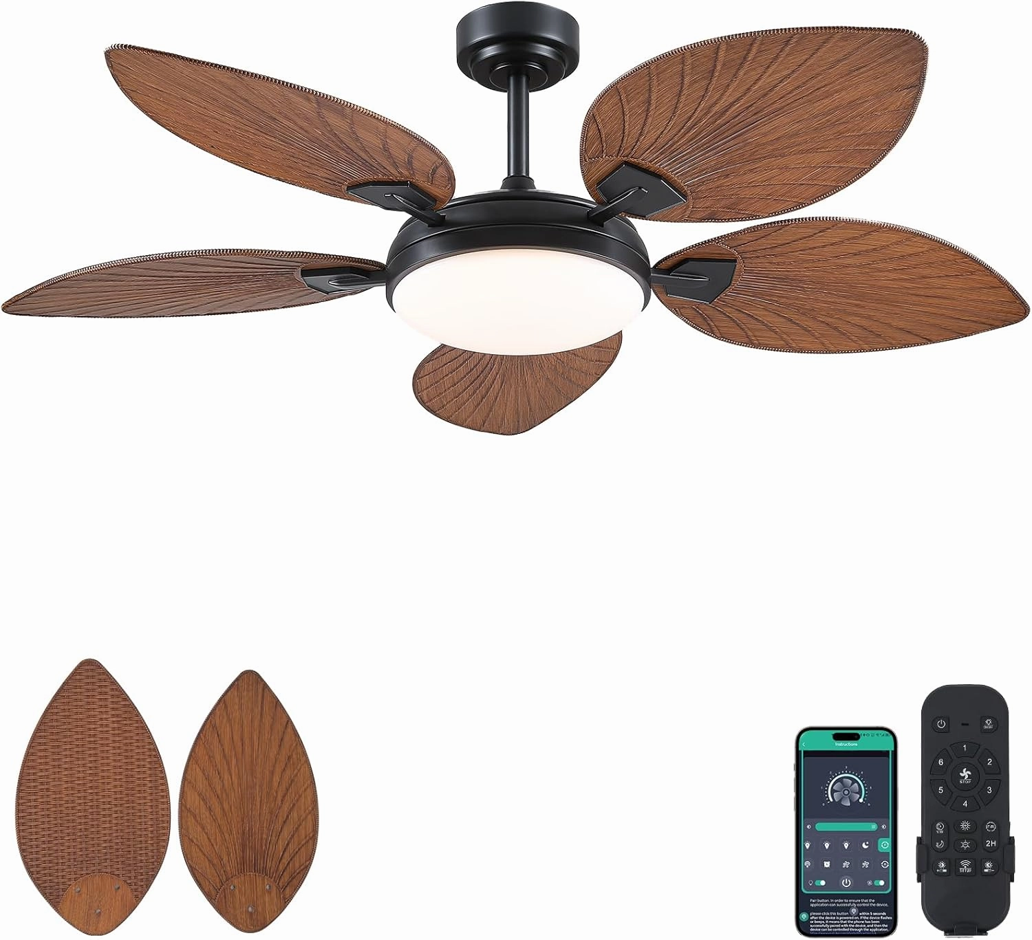 PHORUS 52" Tropical Outdoor Ceiling Fans with Lights and Remote,Palm Leaf Ceiling Fan for Patios Porch Patio, Dimmable, 6 Speeds, Reversible, Dark Brown App-controlled remote fan for convenience