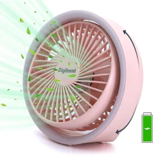Pink Desk Fan, Small Quiet with Ambient Light/Hook Portable USB Fan 5.3in High Power 3000mAH Rechargeable Battery Operate 3 Speed 180Rotated Easy Clean USB desktop fan for workspace