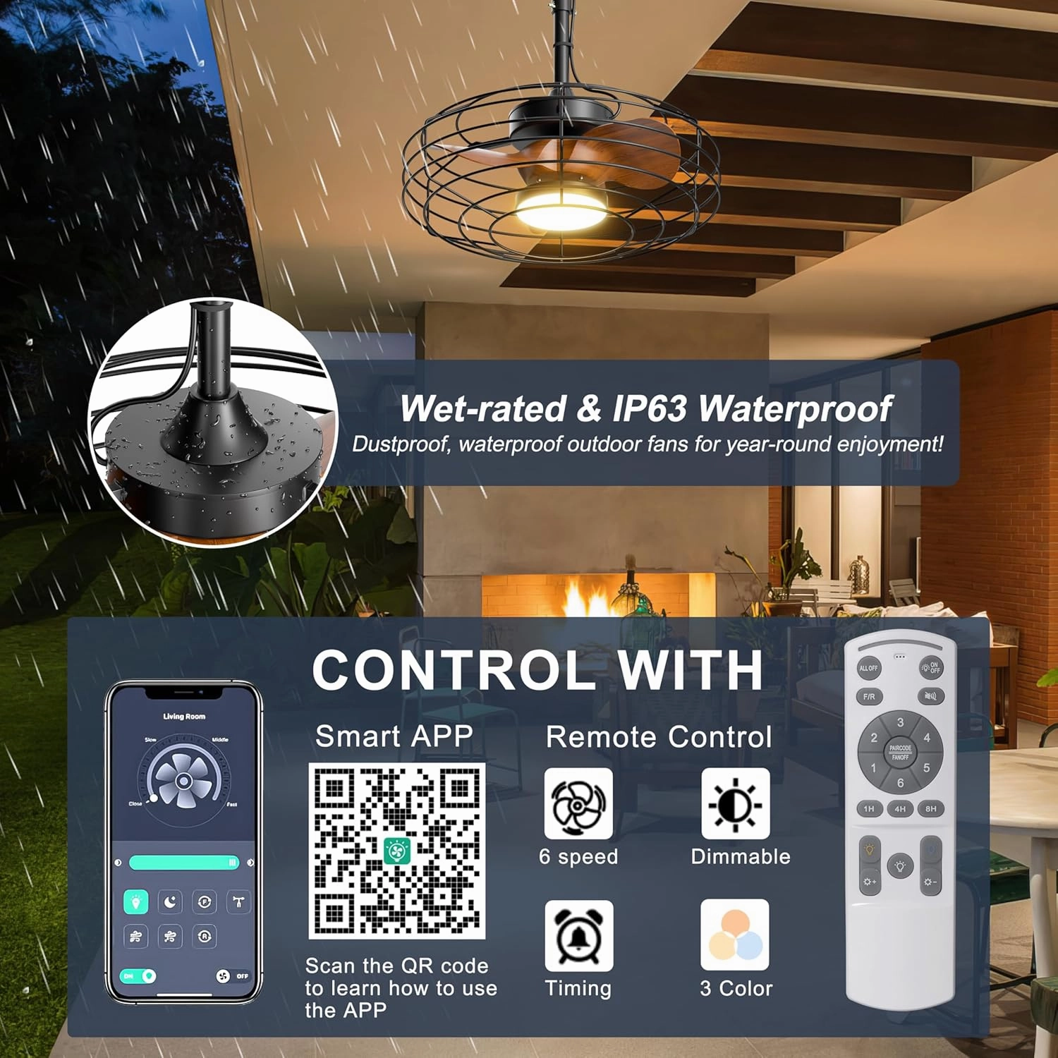 Plug and Play Outdoor Ceiling Fans with Lights, 20'' Wet Rated Gazebo Fan Remote/APP Control, Dimmable Hanging Fan for Patio Pergola, Wood Color