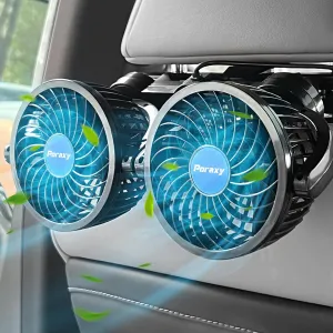 Poraxy Car Fan, Dual Head Car Fans for Backseat for Kids, Headrest 360 Degree Rotatable Back Seat Stepless Speed Vehicles Rear Seat 12V Cooling Air Fan for Sedan SUV RV Rear-mounted fan for childrens safety