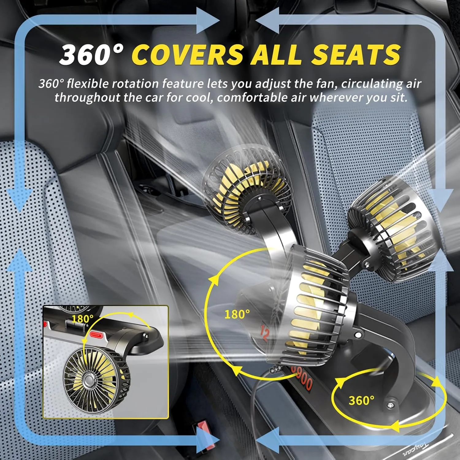 Portable 3-Head Car Cooling Fan - 2-Speed Adjustable, 360 Rotating, Cigarette Lighter Plug, Powerful Airflow for Vehicles, RVs, and SUVs
