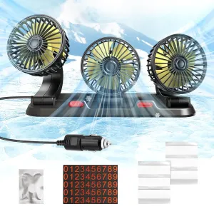 Portable 3-Head Car Cooling Fan - 2-Speed Adjustable, 360 Rotating, Cigarette Lighter Plug, Powerful Airflow for Vehicles, RVs, and SUVs Solar-powered car fan for ventilation