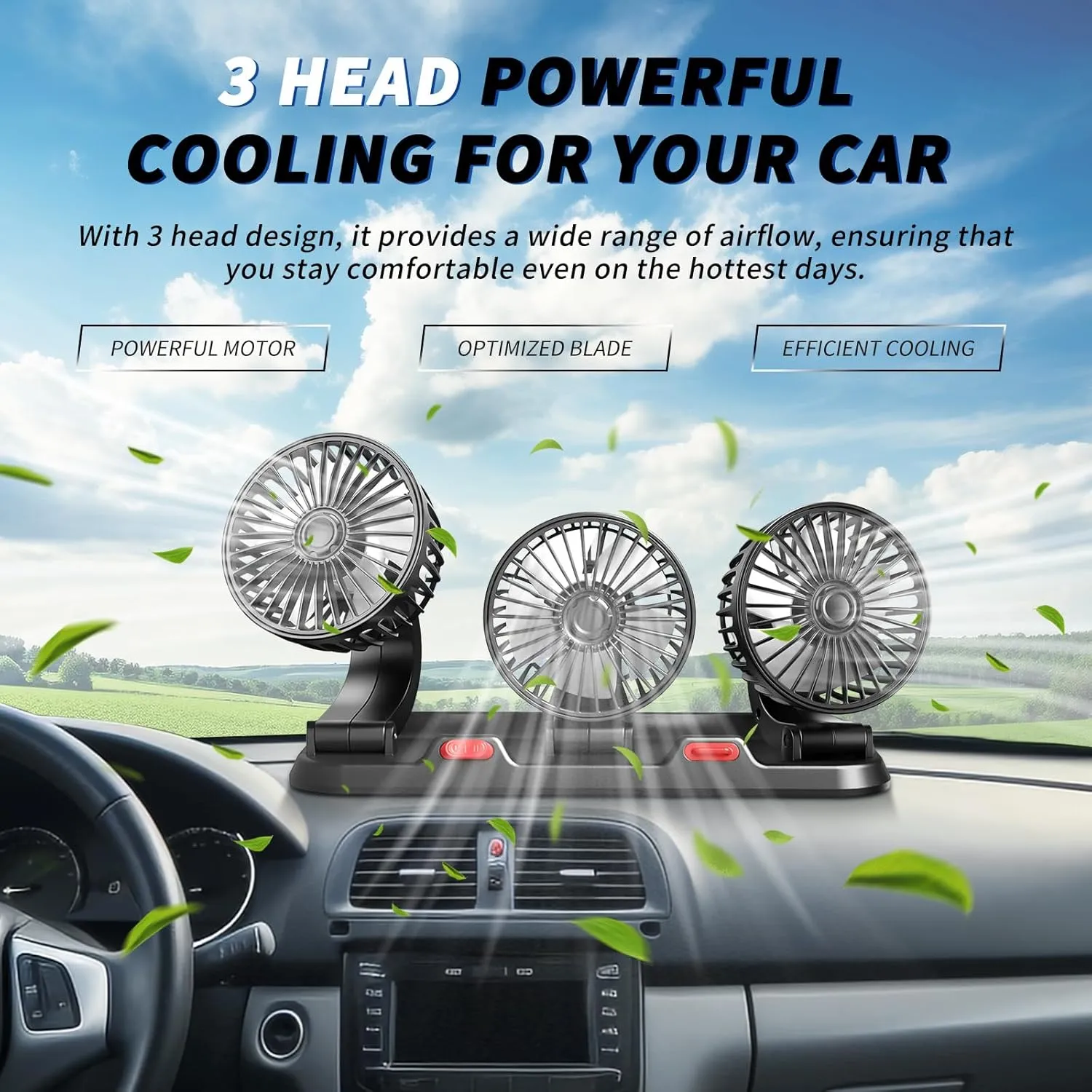 Portable 3-Head Car Cooling Fan - 2-Speed Adjustable, 360 Rotating USB Fan Powerful Airflow for Vehicles, RVs, and SUVs