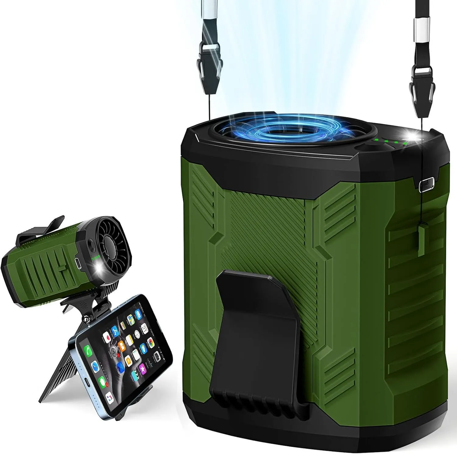 Portable 4-in-1 Waist/Neck/Desk Fan with Phone Stand & LED Light | 10000RPM Ultra-Fast Cooling, 4-Speed Rechargeable Battery | Lightweight for Indoor, Outdoor, Camping, Makeup(Green) Waist-mounted portable fan for outdoor use