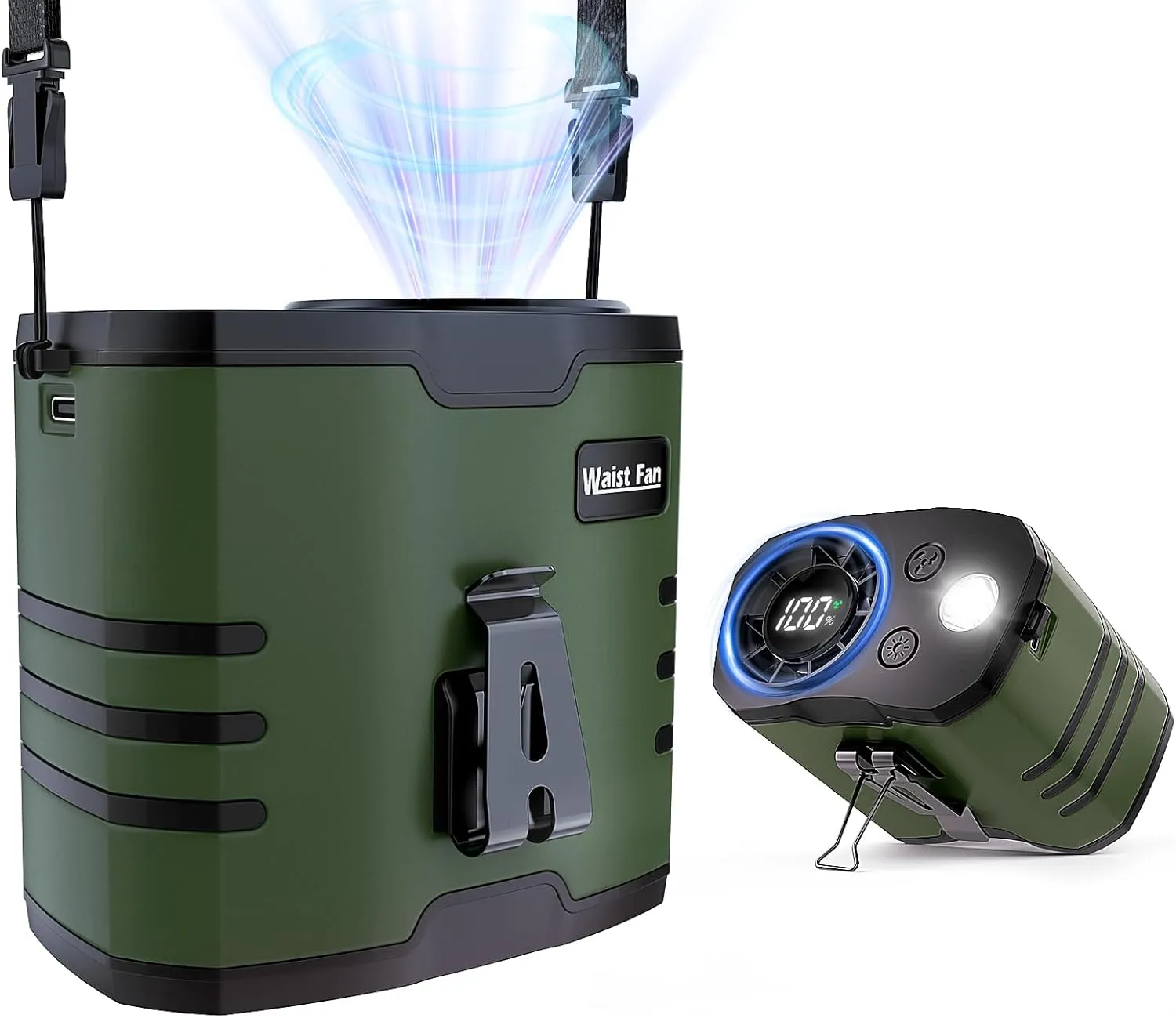 Portable 4 in1 Waist/Neck/Desk Fan with light and LED Display,10-Speed 16000RPM, 40H Runtime Cooling Personal Waist Belt Fan Clip on, Hands-Free Hanging Neck Fan for Outdoors, Hiking, Jobsite (Green) Waist-mounted portable fan for outdoor use