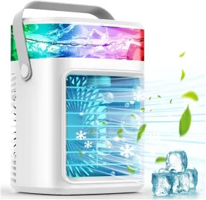 Portable Air Conditioner, 3 Speeds Personal Evaporative Air Cooler with 2/4H Timer, 450ml Rechargeable Mini Air Conditioner, Quiet Portable AC Unit Fan for Office Desk Home Bedroom Camping Car Desktop fan with humidification feature
