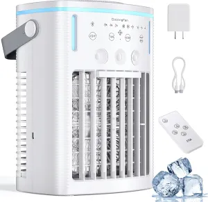 Portable Air Conditioners, 2025 Upgraded 4-IN-1 Cooling Fan, 1000ml Evaporative Air Cooler with 3-Speeds, 3-Level Humidify, 7-Color Night Light, 2-8H Timer, Personal AC Unit for Bedroom Office (White) Desktop fan with humidification feature
