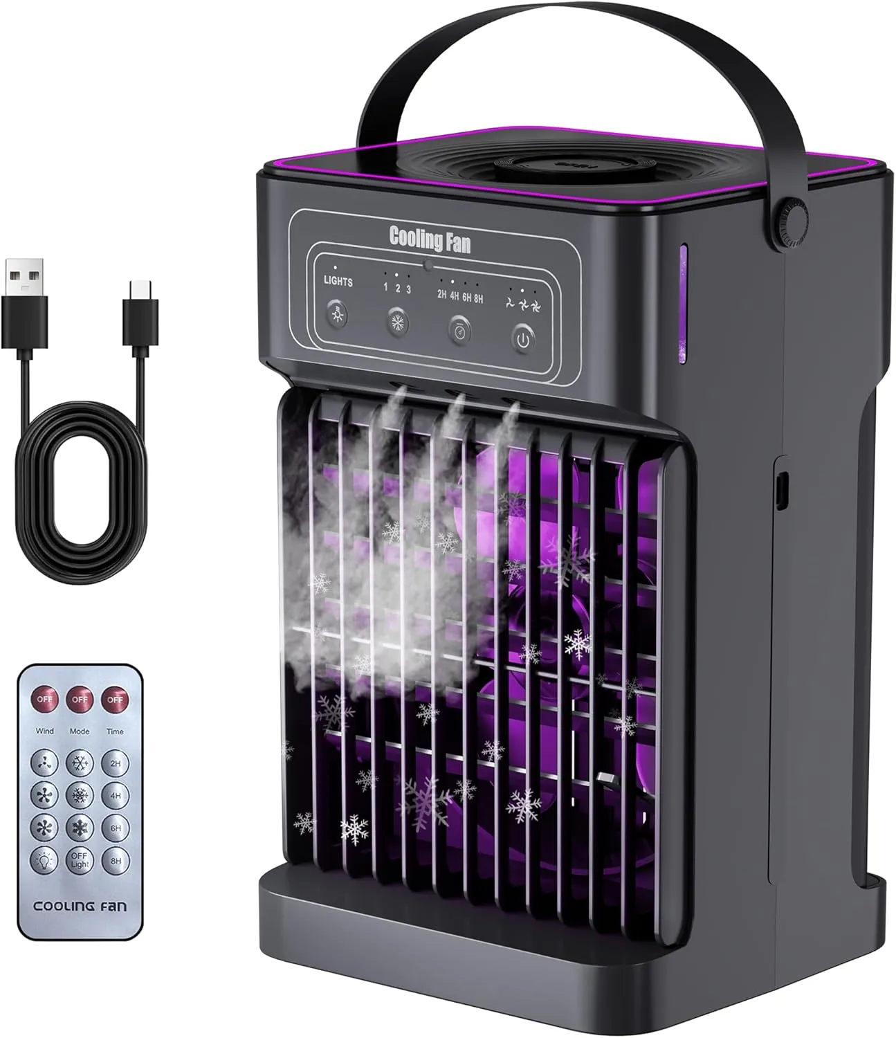 Portable Air Conditioners, 4-IN-1 Portable AC Unit with 3 Wind Speeds, 3 Spray Mode, 7 Night Light & 2-8H Timer Air Conditioner Portable,Personal Small Mini Air Conditioner Air Cooler for Room Camping Solar-powered car fan for ventilation