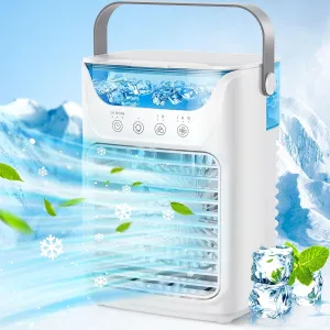 Portable Air Conditioners for car, 4-IN-1 with 700ML Wide-Mouth Tank, 3 Speeds & 2 Mist Modes, 7-Color RGB Mood Light, Touch Control, 2-6H Timer, PU Handle, for Home, Office, Camping, Car,Yoga Desktop fan with humidification feature