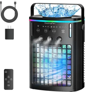 Portable Air Conditioners, Mini Air Conditioner Portable Cooling Fan with Remote Control, 3 Wind Speed & 3 Mist Level & 2-8H Timer & 7 LED Light Evaporative Air Cooler for Home Office Room, Black Desktop fan with humidification feature