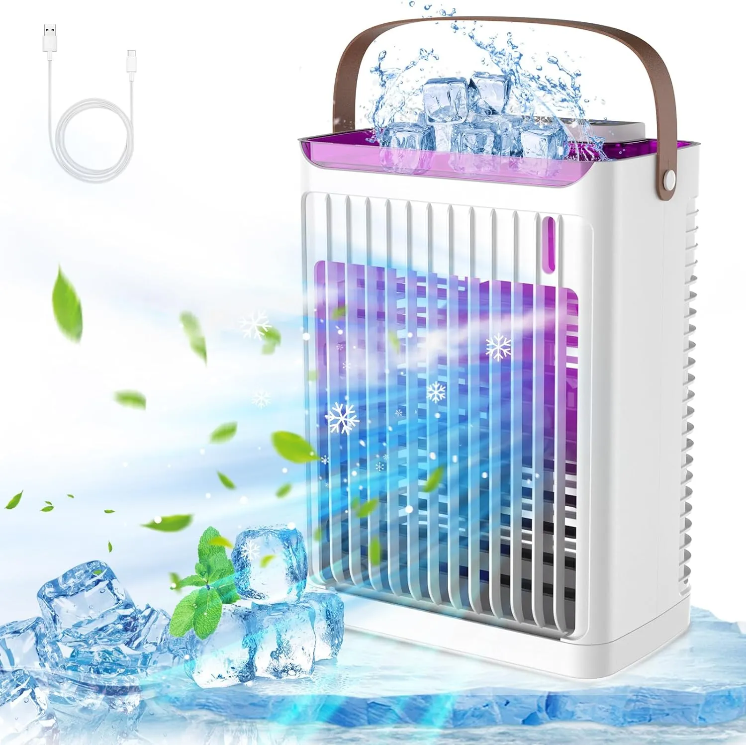 Portable Air Conditioners, Personal Mini Air Cooler Cooling Fan with 5 Wind Speeds, 680ml Evaporative Air Conditioner, 7 LED Light, 2 Cool Mist Air Conditioners Humidifier Fan for Room Bedroom Office Desktop fan with humidification feature
