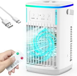 Portable Air Conditioners with Remote, 1500ml Water Tank, 3 Wind Speeds, 4-in-1 Portable AC with 6H Timer, 2 Cool Mist, 7 Lights, Personal Mini Air Cooler Fan for Room Bedroom Office (White) Desktop fan with humidification feature