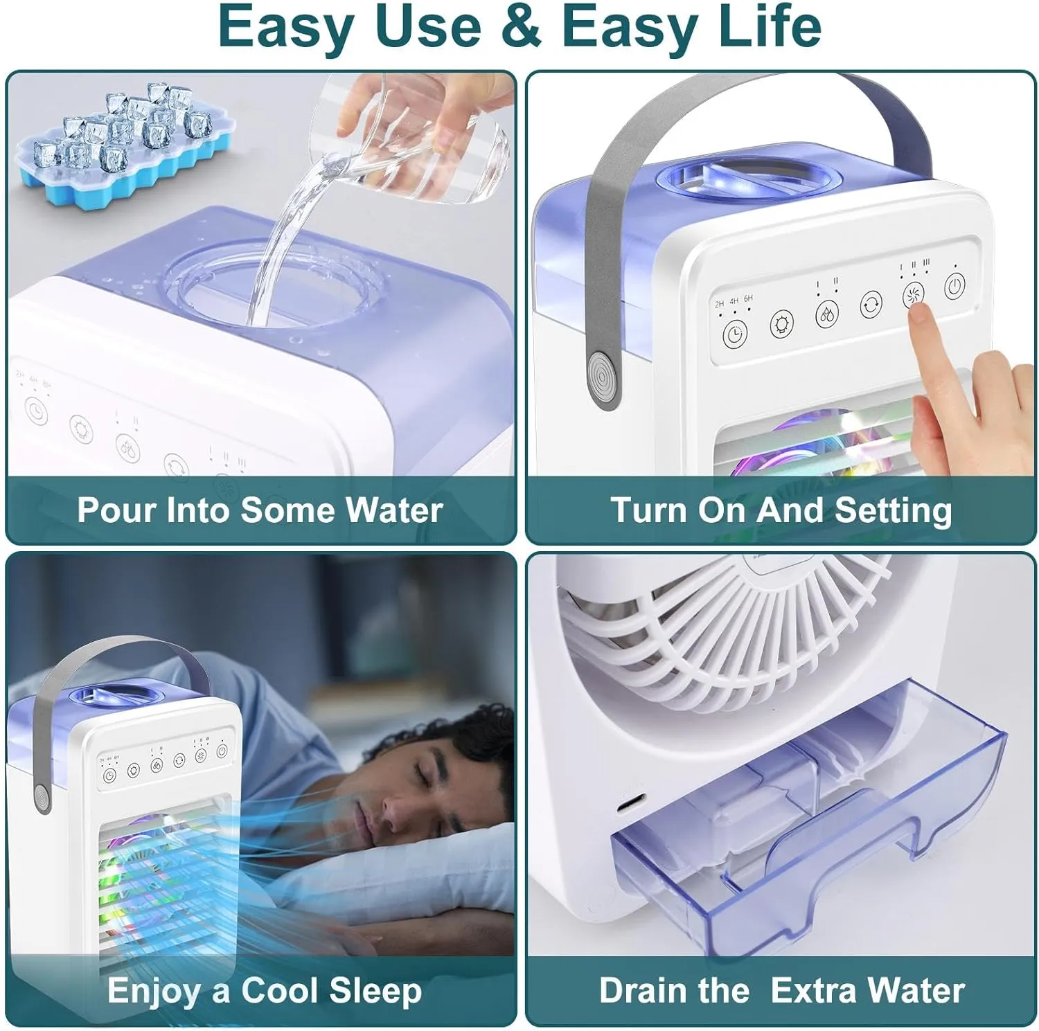 Portable Air Conditioners,Evaporative Air Cooler with 2-4-6H Timer, Oscillating Cooling Fan with Water Tank,Ice Cube Tray,4 In 1 Swamp Cooler Personal Mini AC Unit for Room Office Home Car