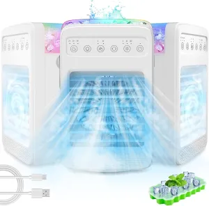 Portable Air Conditioners,Evaporative Air Cooler with 2-4-6H Timer, Oscillating Cooling Fan with Water Tank,Ice Cube Tray,4 In 1 Swamp Cooler Personal Mini AC Unit for Room Office Home Car Desktop fan with humidification feature