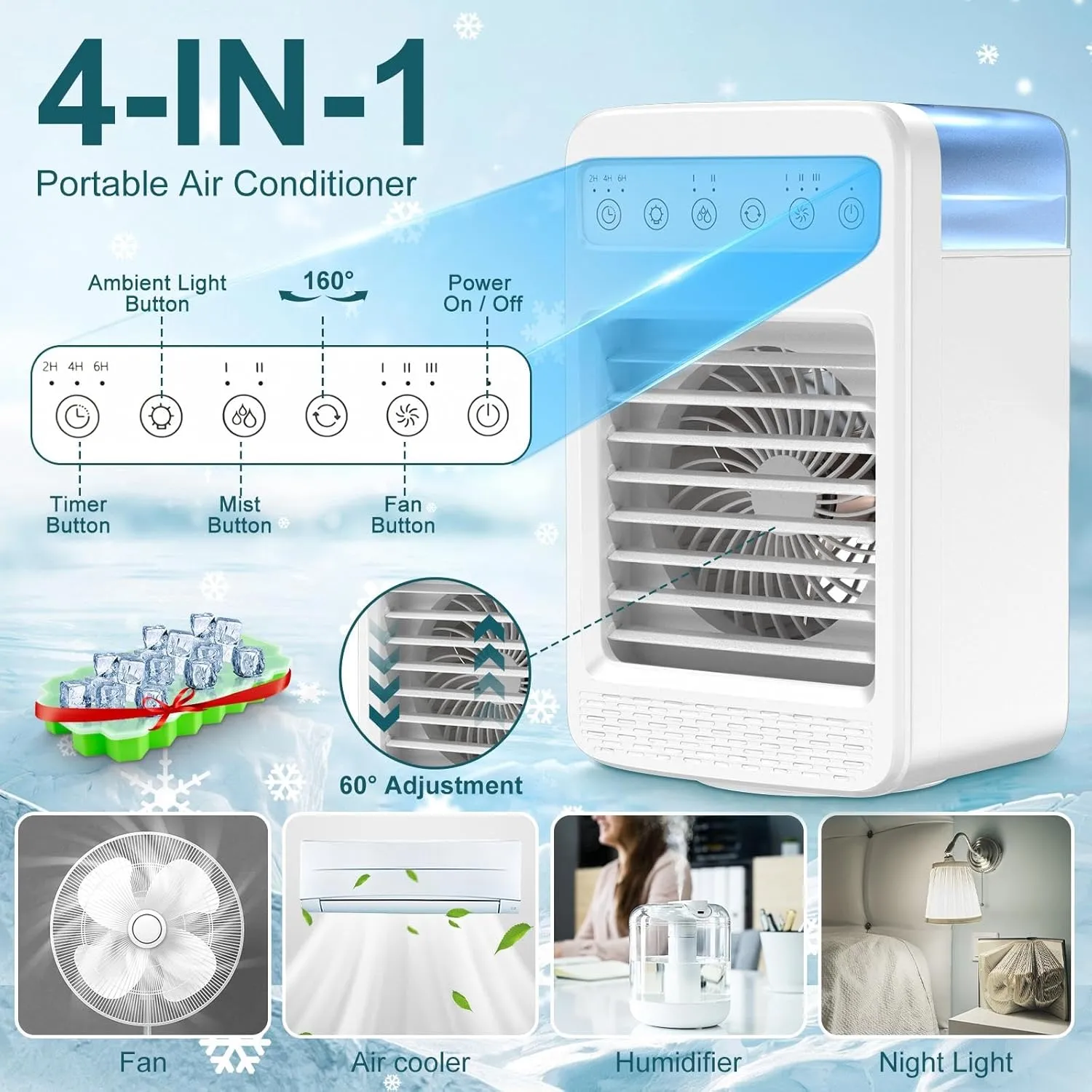 Portable Air Conditioners,Evaporative Air Cooler with 2-4-6H Timer, Oscillating Cooling Fan with Water Tank,Ice Cube Tray,4 In 1 Swamp Cooler Personal Mini AC Unit for Room Office Home Car