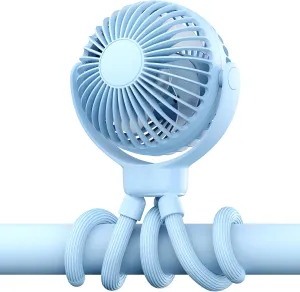 Portable Baby Stroller Fan - 3-Speed Flexible Tripod Personal Fan Clip on for Bed, Rechargeable Battery Powered, Newborn Summer Cooling Essentials for Car Seat, Bike, Sleep, Travel (Blue) Battery-powered portable fan