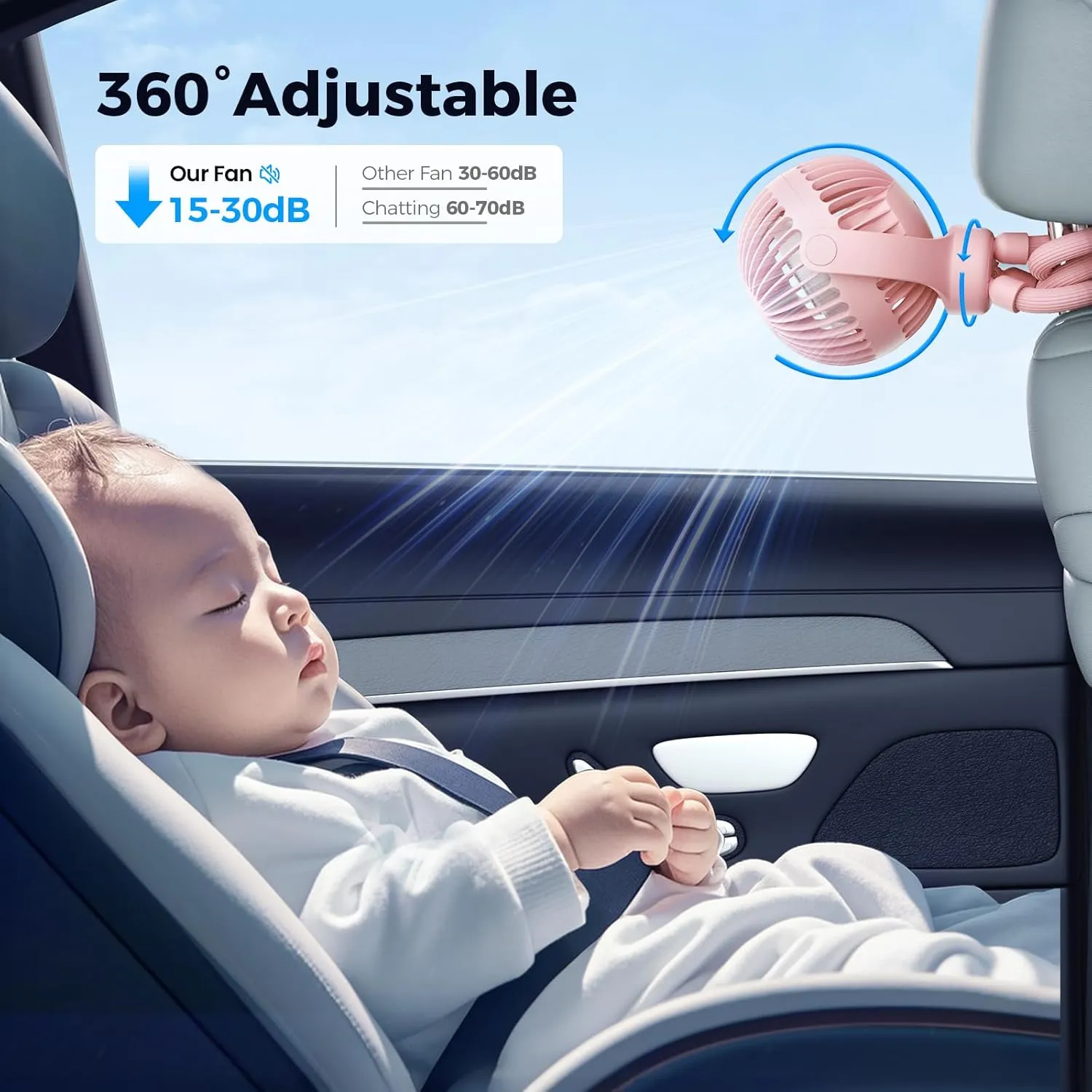 Portable Baby Stroller Fan - 3-Speed Flexible Tripod Personal Fan Clip on for Bed, Rechargeable Battery Powered, Newborn Summer Cooling Essentials for Car Seat, Bike, Sleep, Travel (Pink)