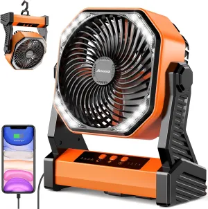 Portable Battery Operated Fan, 20000mAh Rechargeable Camping Fan, 58H Cooling, Tilt Head, 4 Speed Floor Fan with LED Light and Hook for Tent Car Travel Jobsite Fishing Outdoor Hurricane Power Outage Battery-powered portable fan