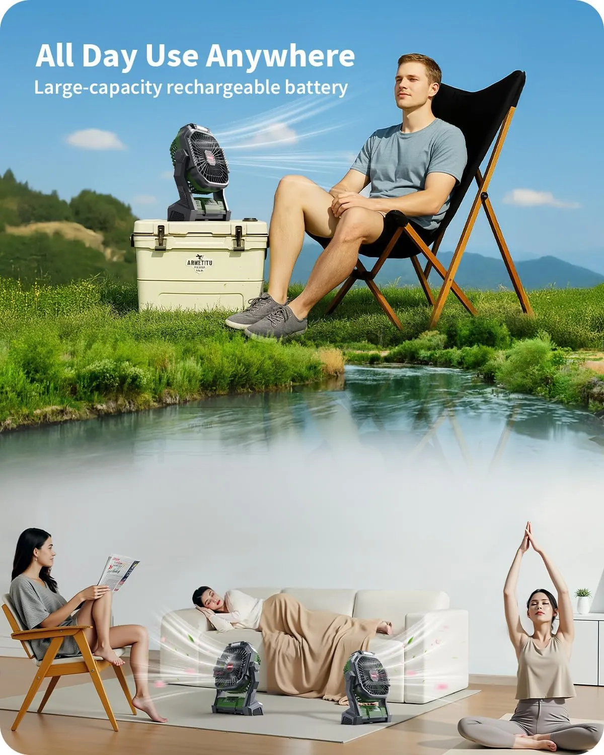 Portable Battery Operated Fan, 20000mAh Rechargeable Camping Fan with LED Lantern, Hang Hook, Camping Gear for Travel, BBQ, Fishing, Hurricane Army Green