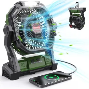Portable Battery Operated Fan, 20000mAh Rechargeable Camping Fan with LED Lantern, Hang Hook, Camping Gear for Travel, BBQ, Fishing, Hurricane Army Green Battery-powered portable fan