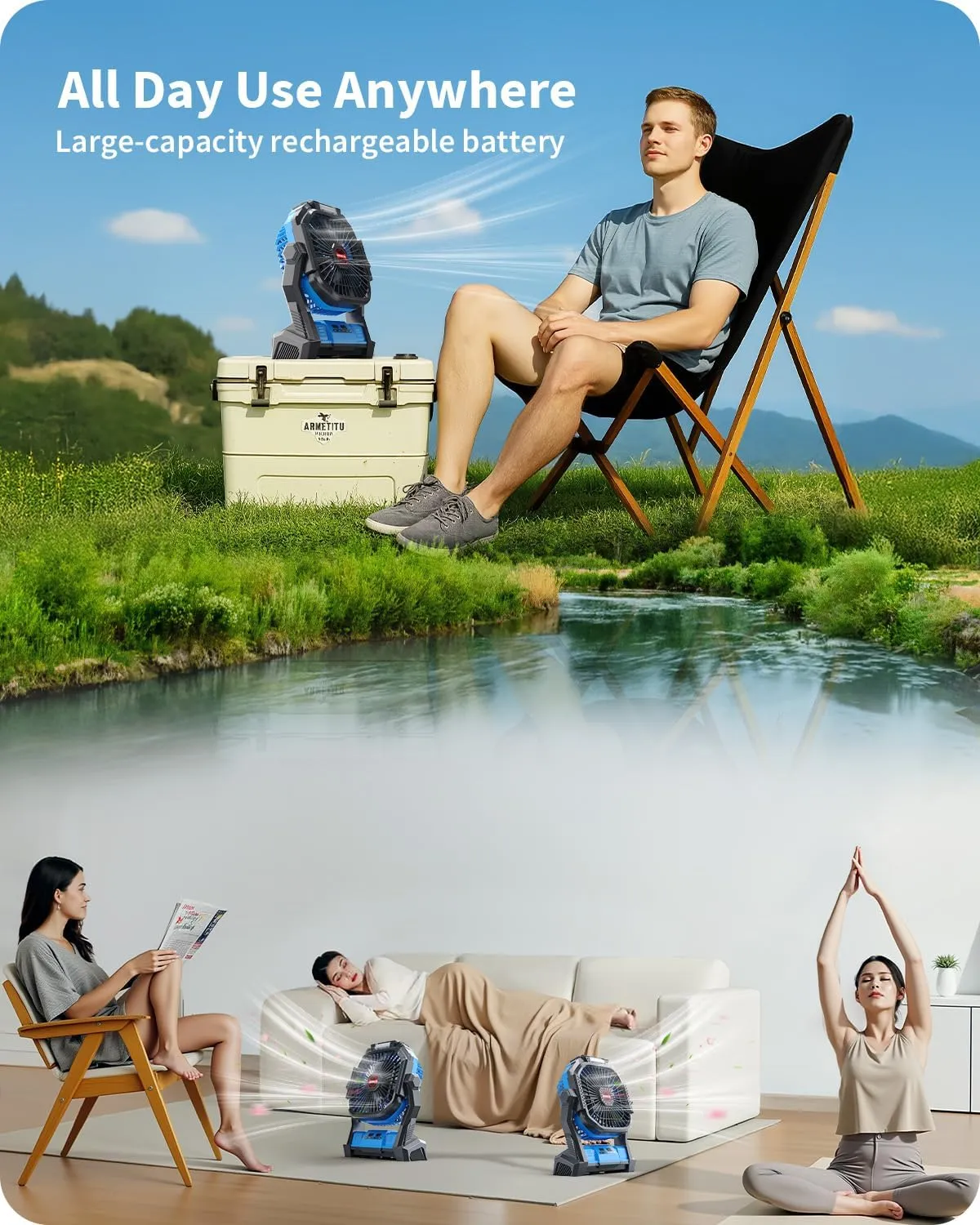Portable Battery Operated Fan, 20000mAh Rechargeable Camping Fan with LED Lantern, Hang Hook, Camping Gear for Travel, BBQ, Fishing, Hurricane Blue