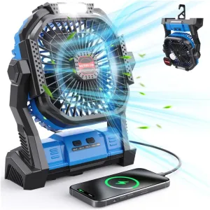 Portable Battery Operated Fan, 20000mAh Rechargeable Camping Fan with LED Lantern, Hang Hook, Camping Gear for Travel, BBQ, Fishing, Hurricane Blue Battery-powered portable fan