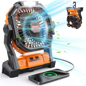 Portable Battery Operated Fan, 20000mAh Rechargeable Camping Fan with LED Lantern, Hang Hook, Camping Gear for Travel, BBQ, Fishing, Hurricane Orange Battery-powered portable fan