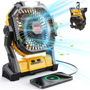 Portable Battery Operated Fan, 20000mAh Rechargeable Camping Fan with LED Lantern, Hang Hook, Camping Gear for Travel, BBQ, Fishing, Hurricane Yellow Battery-powered portable fan