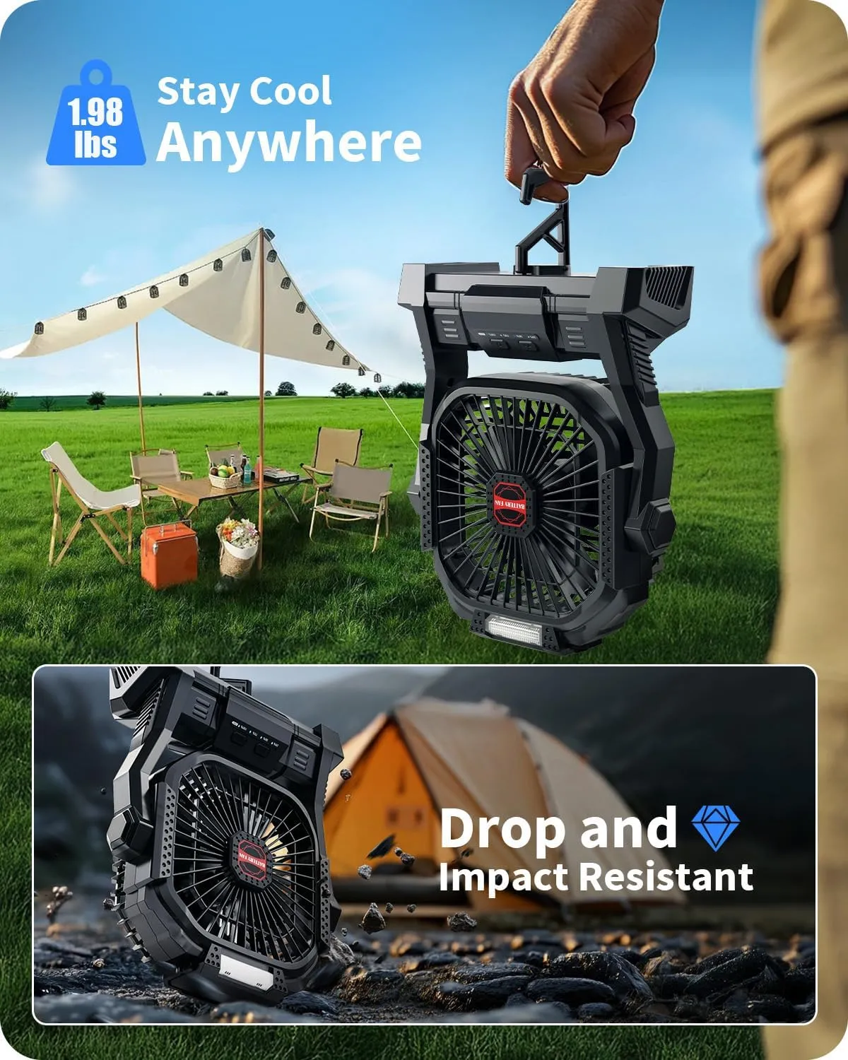 Portable Battery Operated Fan, 20000mAh Rechargeable Camping Fan with LED Lantern, Hang Hook, Camping Gear for Travel, BBQ, Fishing, HurricaneBlack