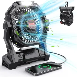 Portable Battery Operated Fan, 20000mAh Rechargeable Camping Fan with LED Lantern, Hang Hook, Camping Gear for Travel, BBQ, Fishing, HurricaneBlack Battery-powered portable fan