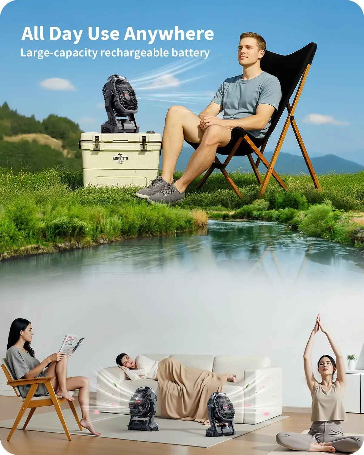 Portable Battery Operated Fan, 20000mAh Rechargeable Camping Fan with LED Lantern, Hang Hook, Camping Gear for Travel, BBQ, Fishing, HurricaneBlack