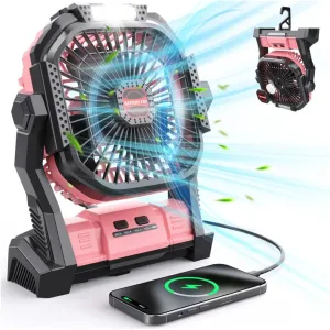 Portable Battery Operated Fan, 20000mAh Rechargeable Camping Fan with LED Lantern, Hang Hook, Camping Gear for Travel, BBQ, Fishing, HurricanePink Battery-powered portable fan