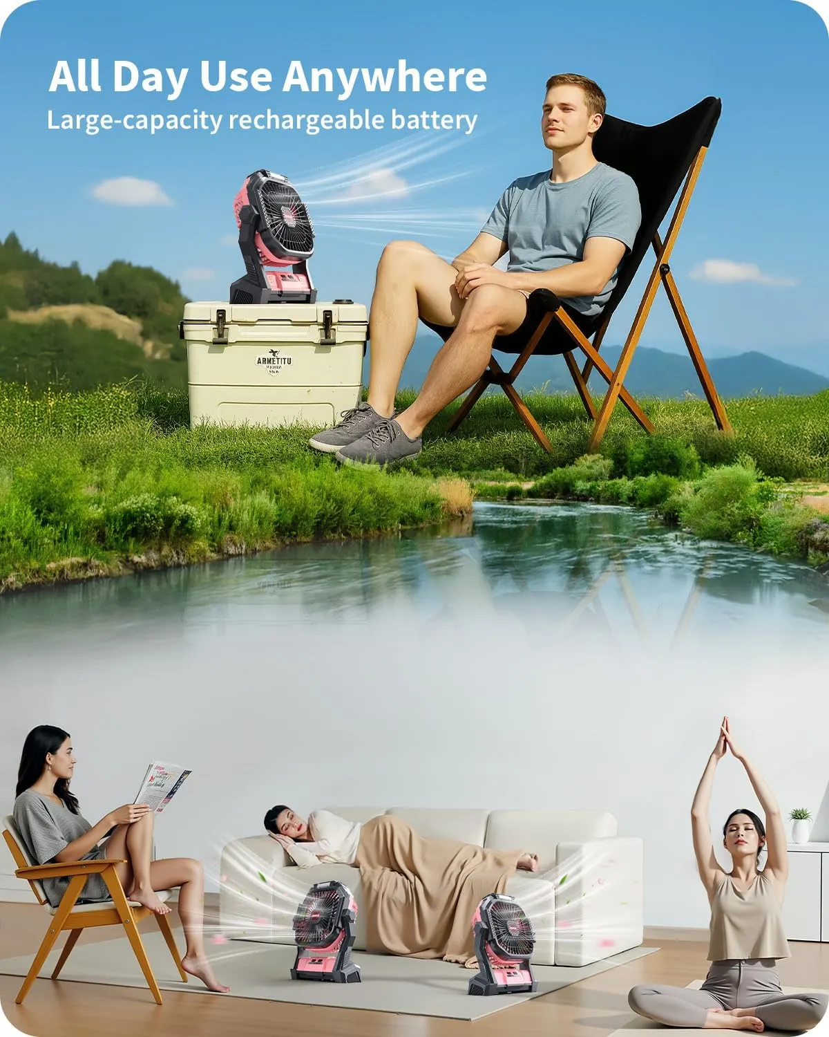 Portable Battery Operated Fan, 20000mAh Rechargeable Camping Fan with LED Lantern, Hang Hook, Camping Gear for Travel, BBQ, Fishing, HurricanePink